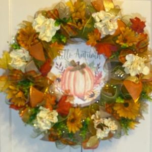 Hello Autumn Fall Hydrangeas & Gerbera Daisies Wreath 22” Diameter